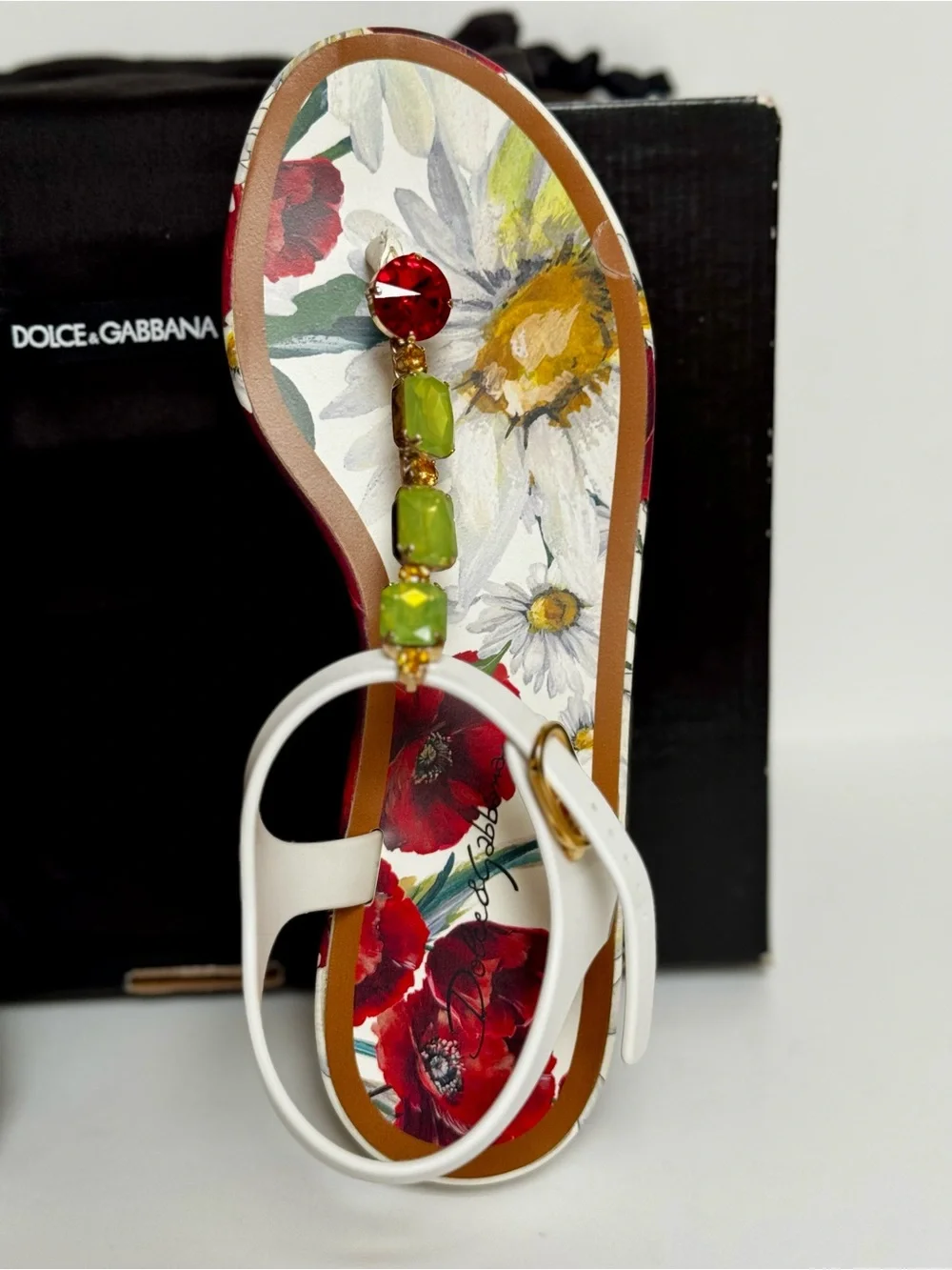 Dolce & Gabbana Poppy/Daisy T-Strap Platform Sandals w/Swarovski Crystals Size 9